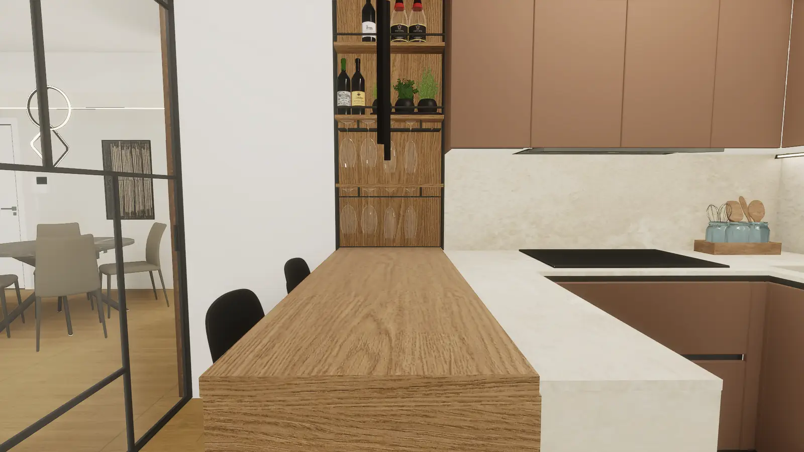 Bancone in legno con portacalici integrato e complemento a giorno progettato per valorizzare convivialità e contenimento.