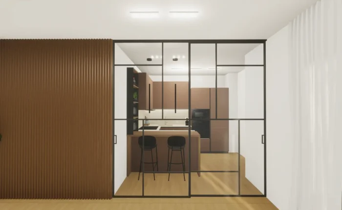 Cucina Veneta Cucine separata dal soggiorno mediante parete vetrata scorrevole progettata per un ambiente luminoso e funzionale.
