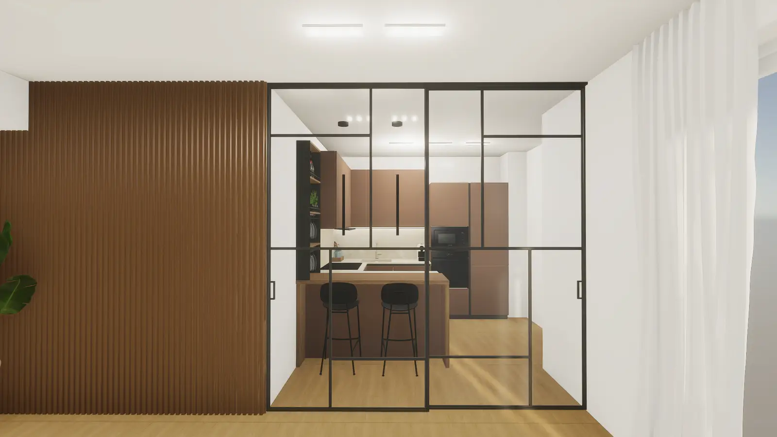 Cucina Veneta Cucine separata dal soggiorno mediante parete vetrata scorrevole progettata per un ambiente luminoso e funzionale.