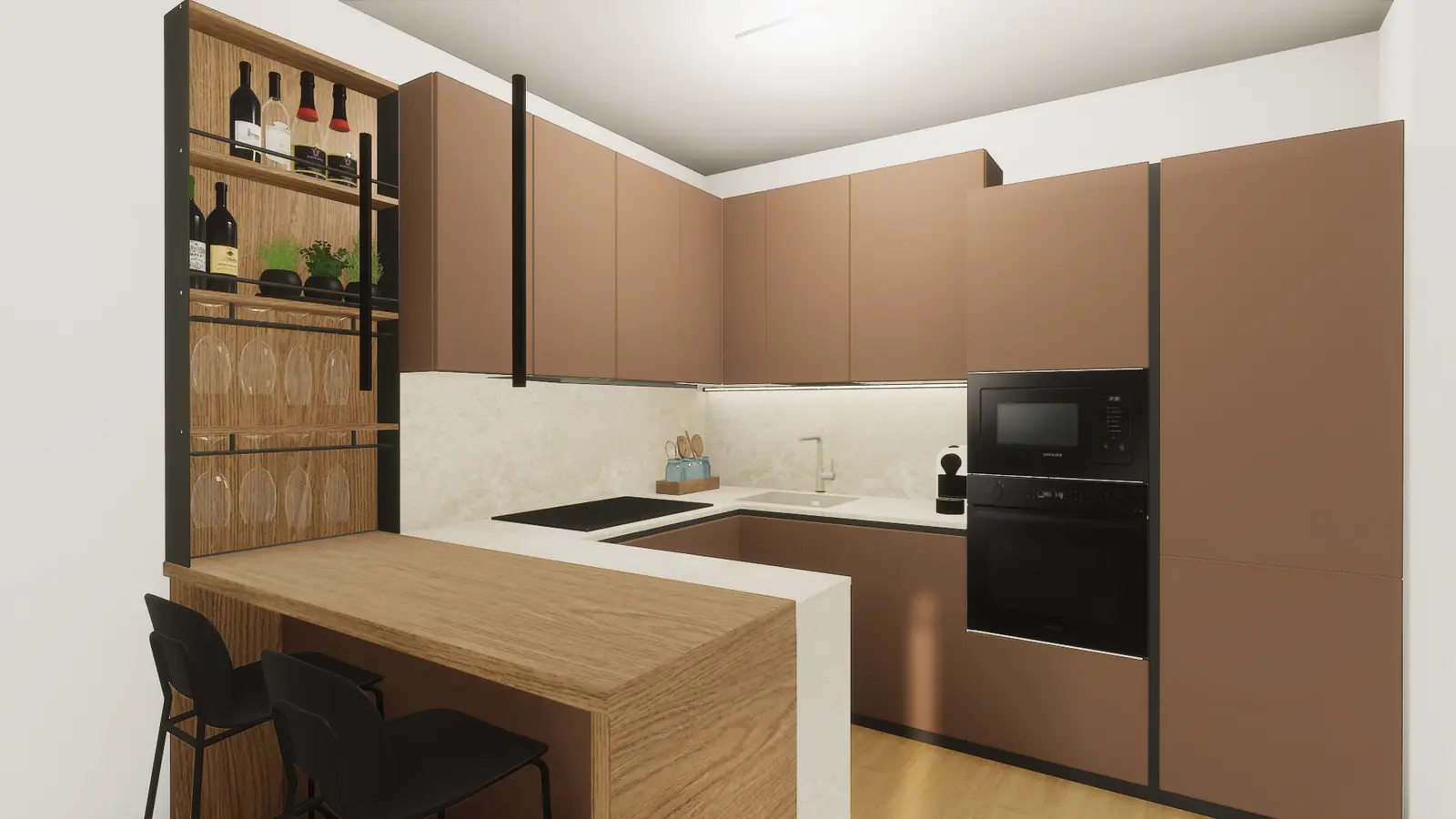 Cucina Veneta Cucine con penisola snack ed elemento a giorno dedicato a bottiglie e calici progettato su misura.