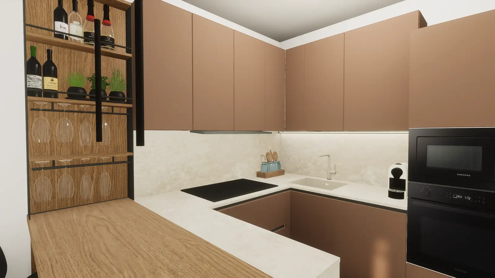 Dettaglio della cucina angolare con top chiaro, colonne attrezzate e finiture moderne studiate nella fase progettuale.