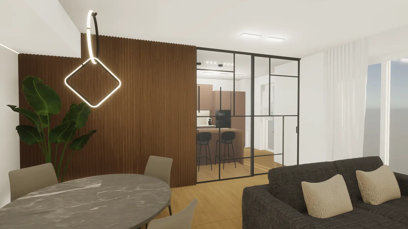Vista della progettazione della cucina con porta scorrevole in vetro che separa il living mantenendo continuità visiva secondo il metodo Suardi.