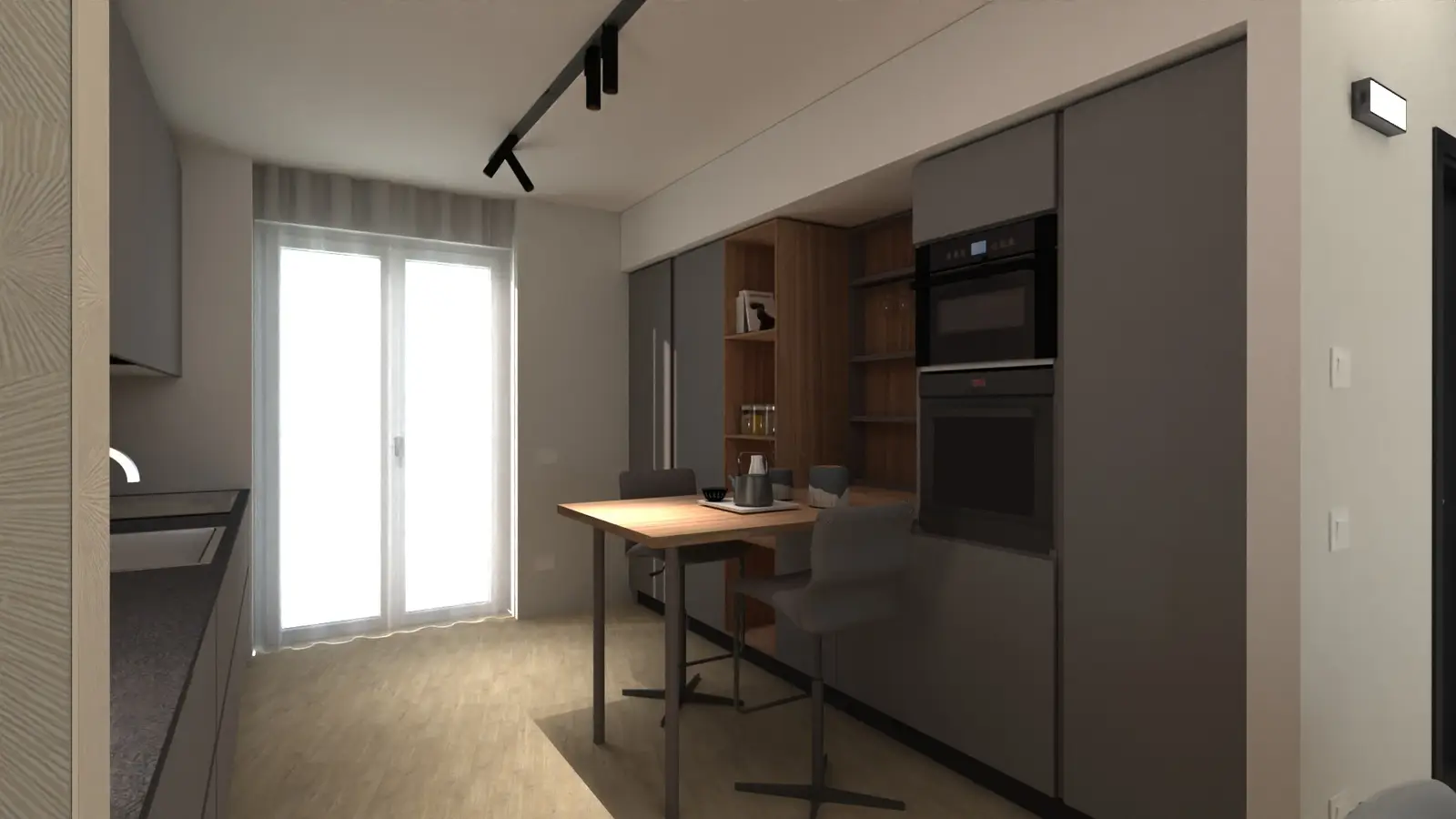 Render della cucina Valdesign con tavolo integrato e libreria su misura progettata come parte di un progetto completo di interior design.