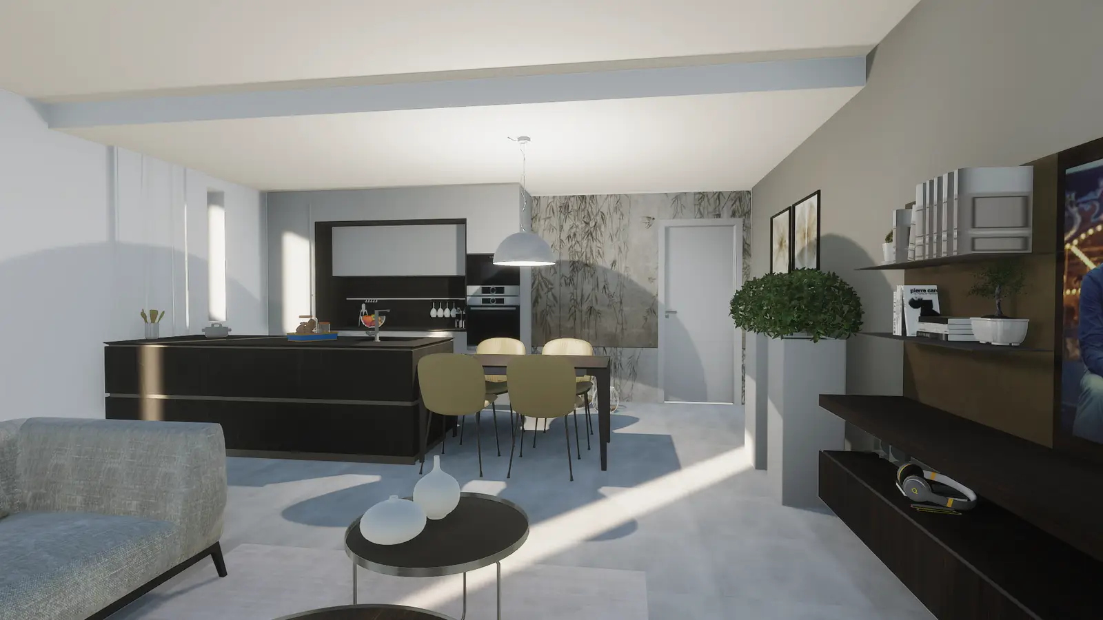 Render del layout della cucina con isola, tavolo da pranzo e soggiorno sviluppato durante la fase di progettazione.