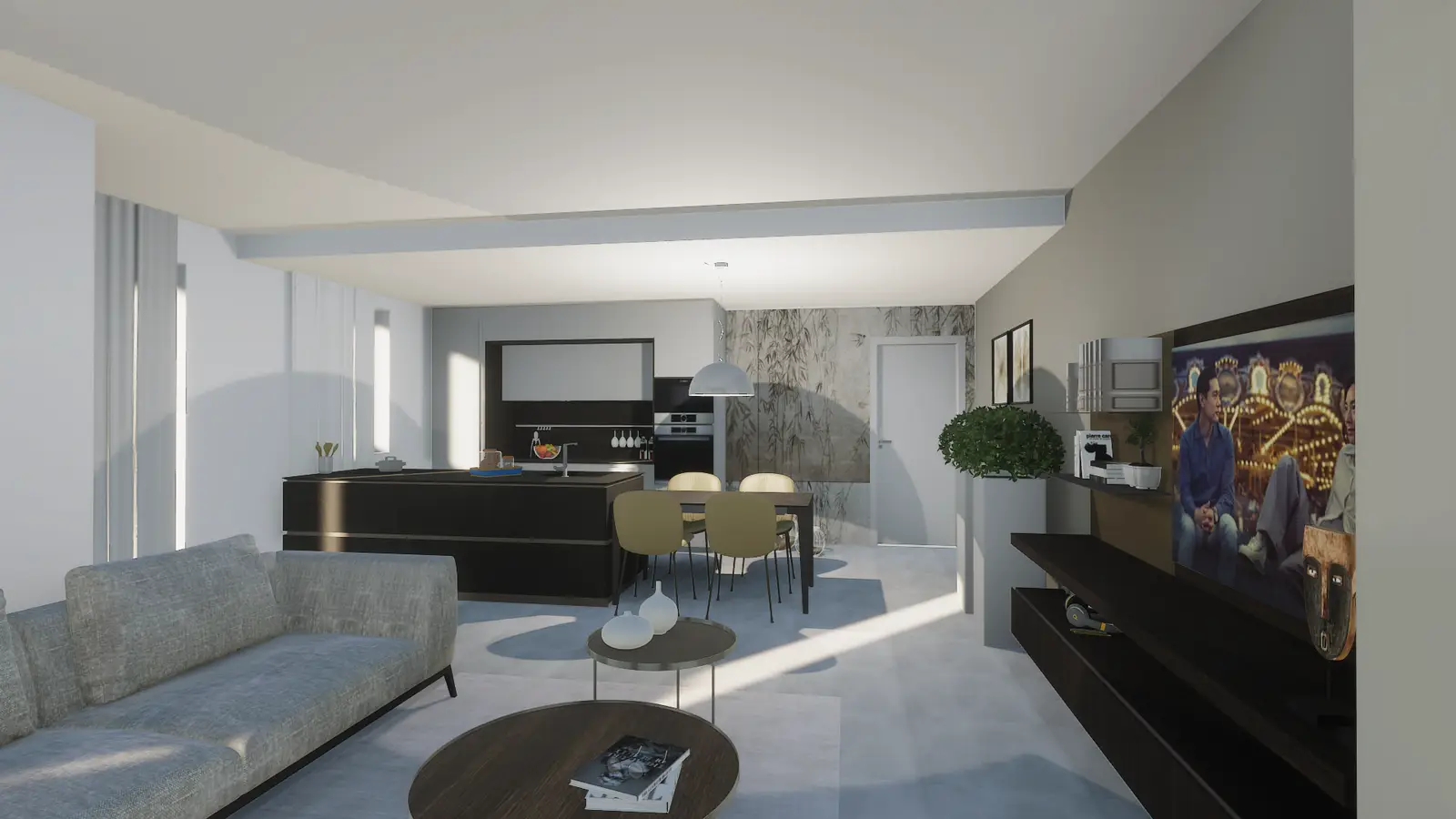Render fotorealistico della progettazione di una cucina Ernestomeda inserita in un open space con zona living e pranzo.
