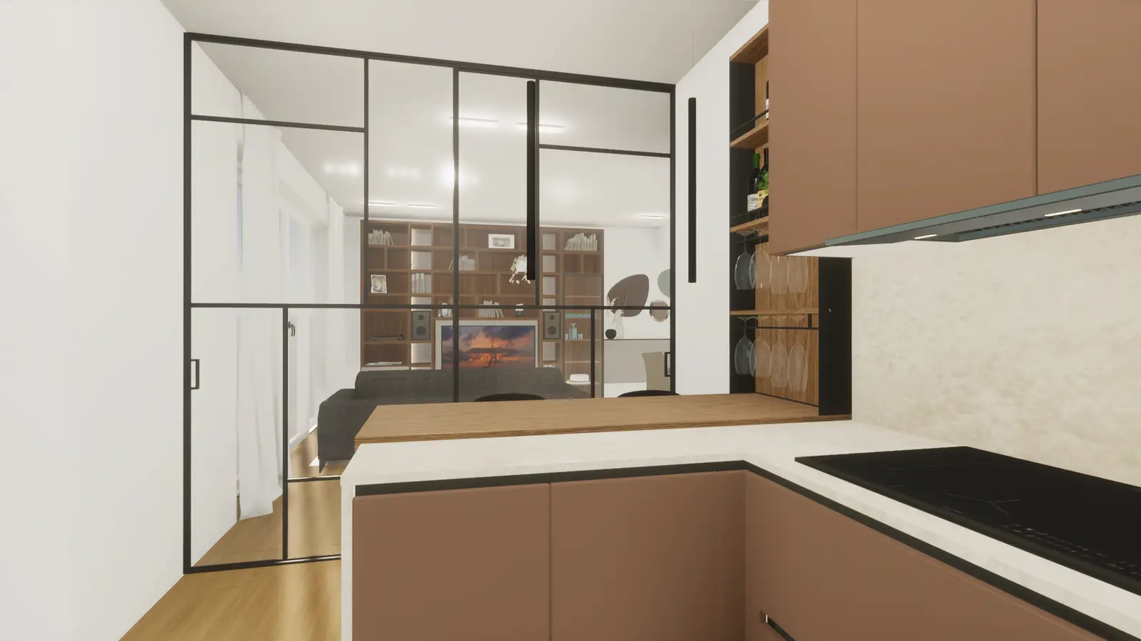 Vista dalla cucina verso il soggiorno con parete vetrata scorrevole che integra cucina e living in un unico progetto d'interni.